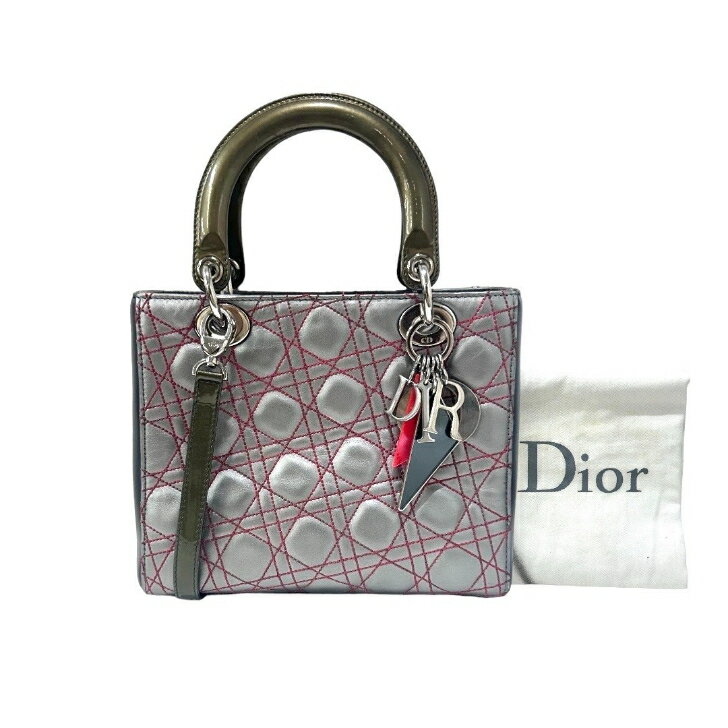 【中古】ディオール　レディディオール　カナージュ　2way　ハンドバッグ　ラムスキン×パテント　メタリックシルバー×ライトグレー　シルバー金具　Christian Dior《送料無料》