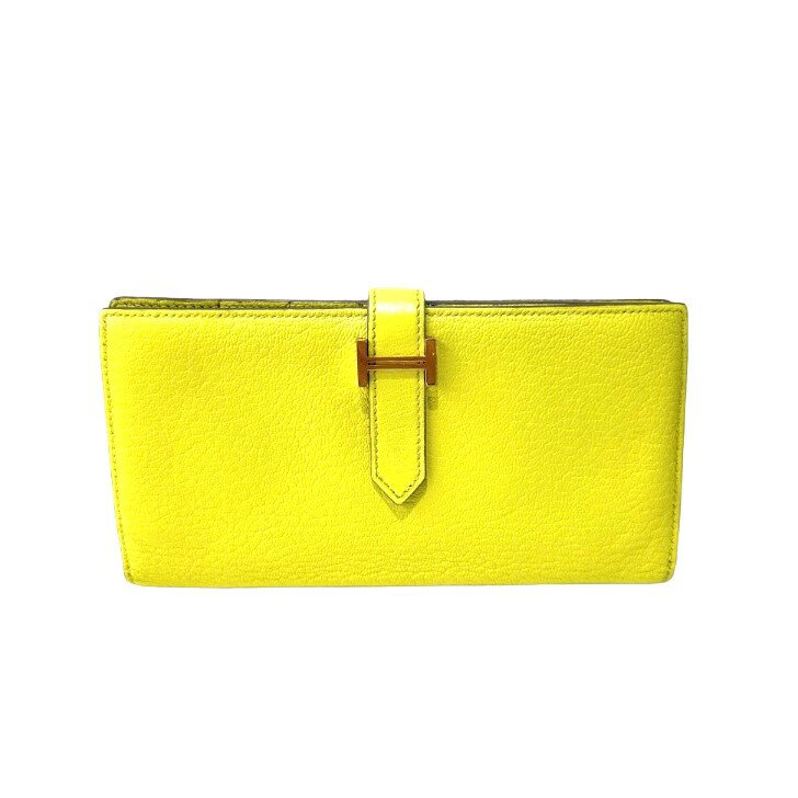 【中古】エルメス　ベアンスフレ　ライム　ゴールド金具　シェーブル　長財布　□R刻印　HERMES　《送料..