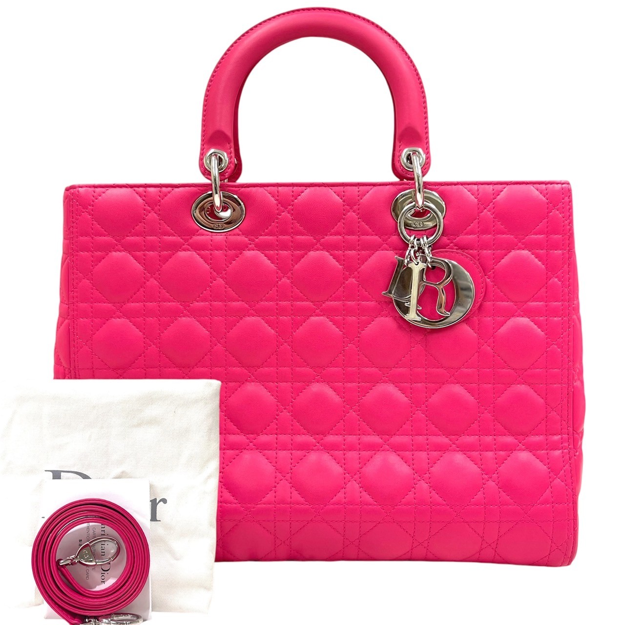 【中古】ディオール　レディディオール　ラージ　ラムスキン　カナージュ　赤ピンク　シルバー金具　2way　ハンドバッグ　Christian Dior《送料無料》