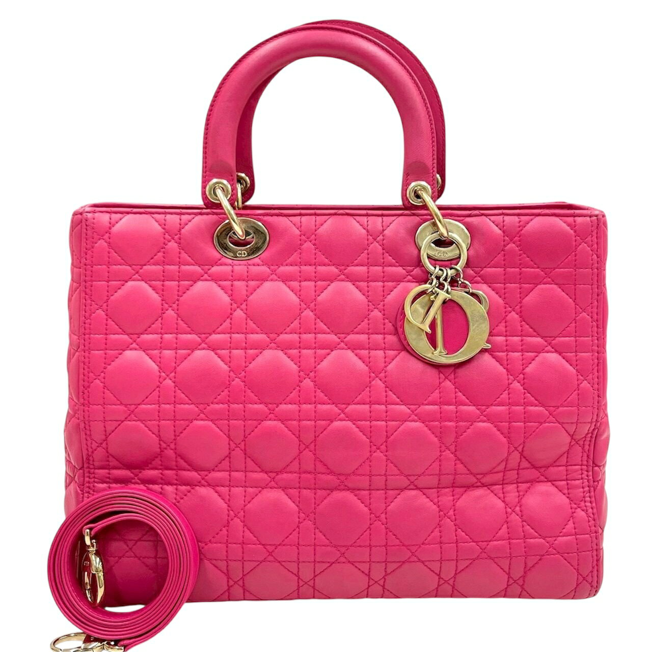 【中古】ディオール　レディディオール　ラージ　ラムスキン　ピンク　2way　ハンドバッグ　カナージュ　ライトゴールド金具　2014年　Christian Dior《送料無料》