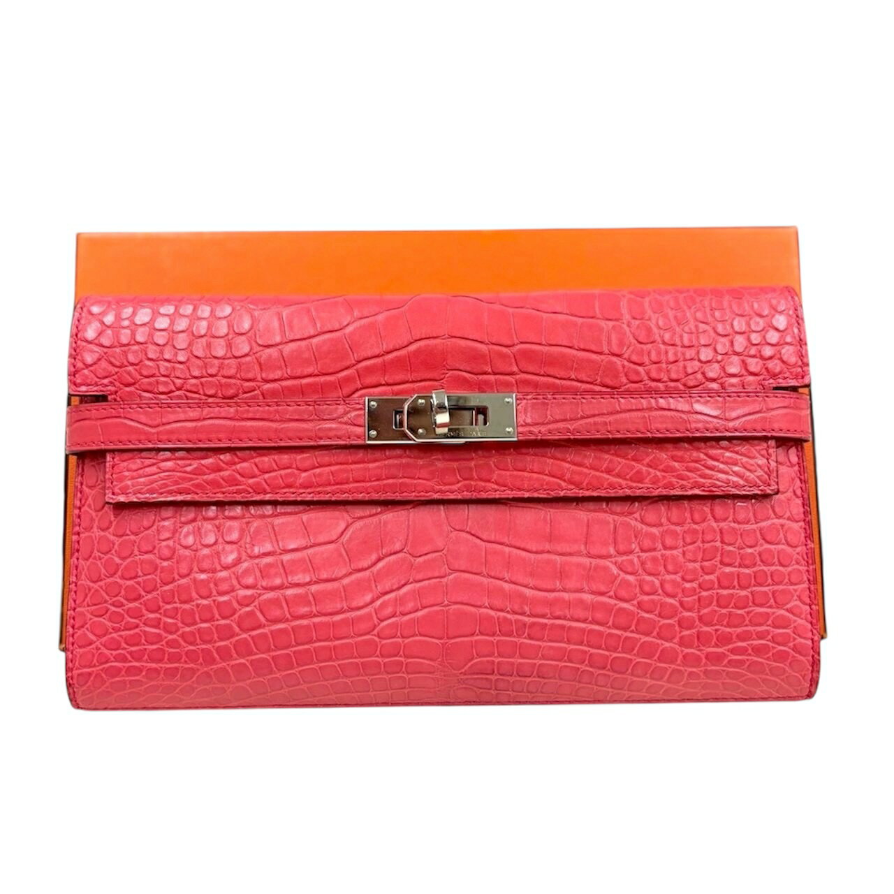【中古】エルメス　ケリーウォレット　アリゲーターマット　クロコダイル　ブーゲンビリア　ピンク　シルバー金具　長財布　C刻印/2018年　HERMES　《送料無料》