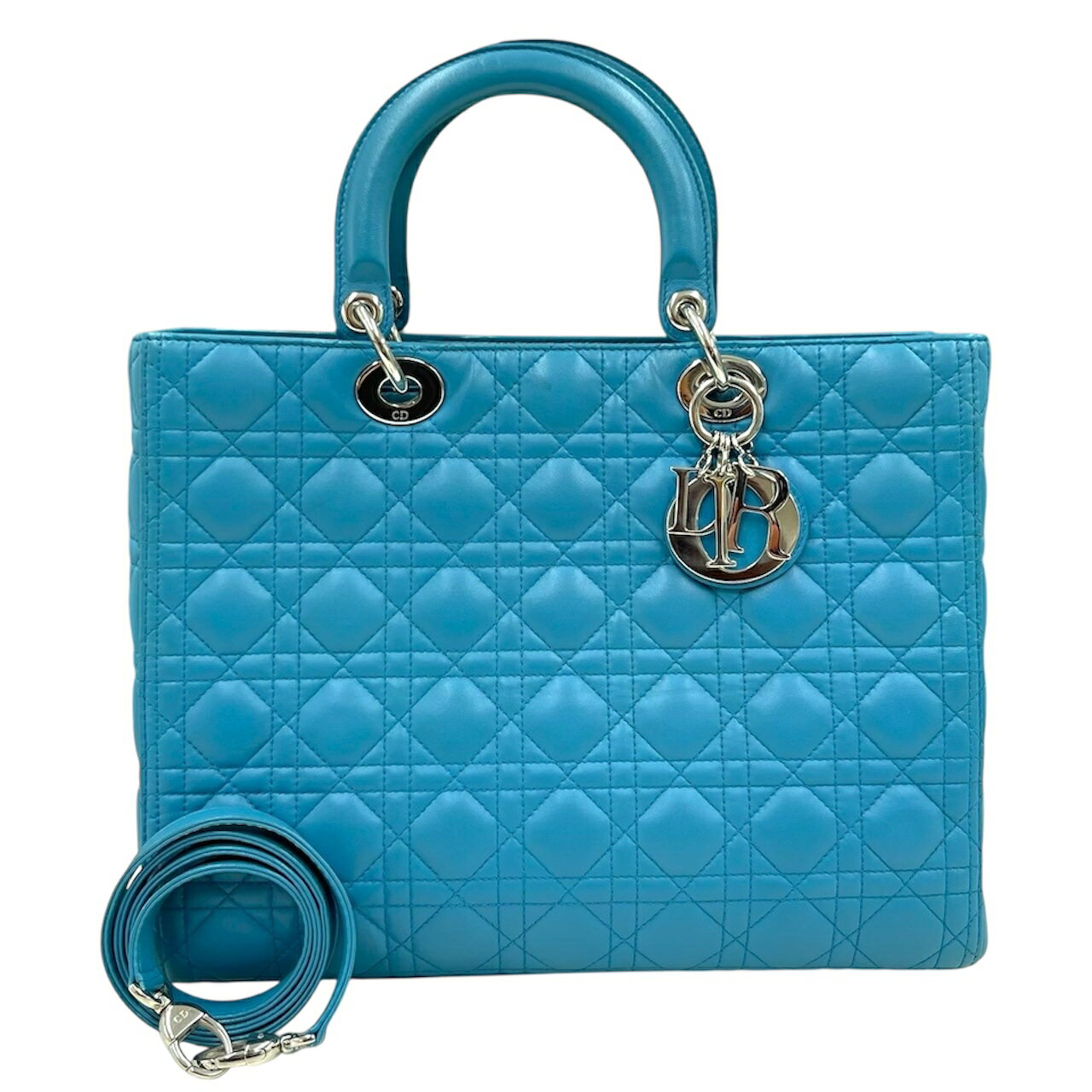 【中古】ディオール　レディディオール　ラージ　ラムスキン　アクアブルー　2way　ハンドバッグ　カナージュ　シルバー金具　Christian Dior《送料無料》