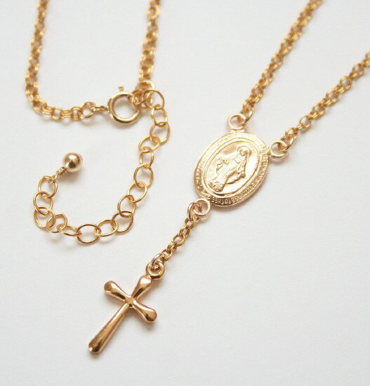 【再入荷】奇跡のマリアメダイ・ロザリオネックレス(ショート・プレーンクロス)14KGF/ゴールドフィルドアクセサリー