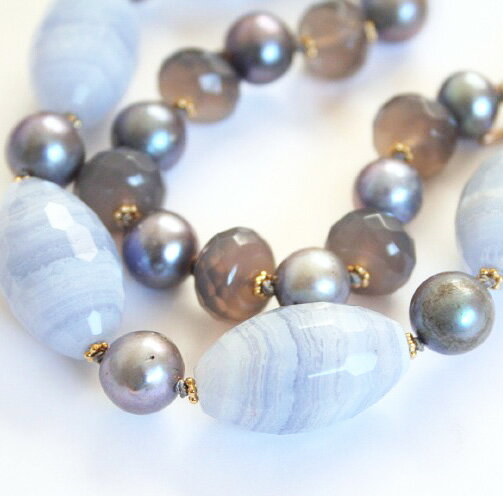 【SALE】1点もの ブルーレース シルバーパール グレーオニキス ネックレス 14KGF 天然石アクセサリー ゴールドフィルド ボリュームネックレス ハンドメイド オールノット 手作り セール お買い得