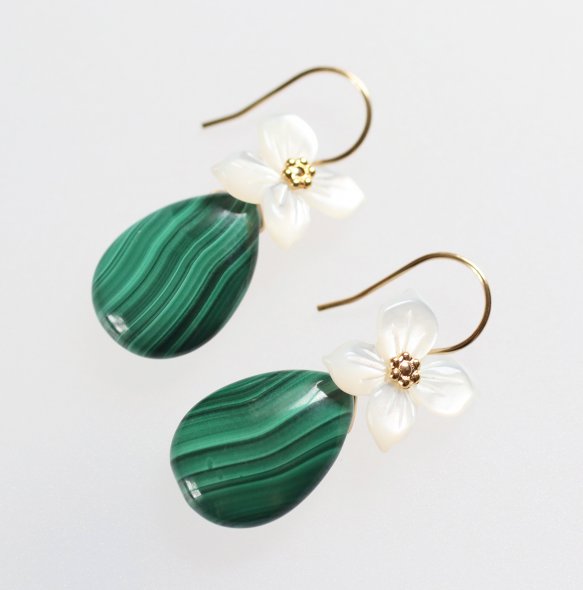 マラカイトフラワーシェルピアス14...