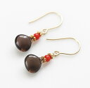 【SALE】スモーキークォーツ レッドコーラル ピアス 14KGF 天然石 ジュエリー ゴールドフィルド アクセサリー デザインピアス ハンドメイド プチピアス...