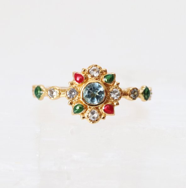 ブルートパーズ エナメル リング(フラワー)15号 指輪 SV925 K22GP お花 ゴールドコート ファッションジュエリー ファッションリング ハンドメイド...