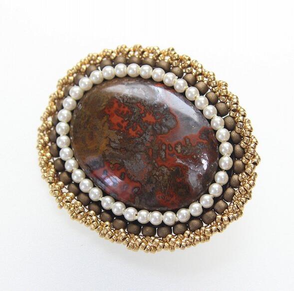 アゲートビーズ刺繍ブローチ天然石ア...
