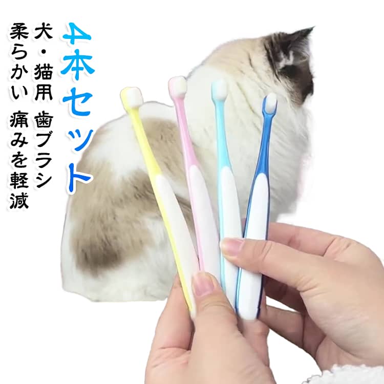・超極細毛でやさしく歯磨き細かく柔らかな超極細毛を採用し、ペットの歯や歯ぐきへの刺激を軽減。痛みを感じにくく、快適な歯磨きをサポートします。・犬・猫どちらにも対応犬用歯ブラシとしてはもちろん、猫用歯ブラシとしても使用可能。小型犬や口の小さいペットにも使いやすいサイズです。・毎日の口腔ケアに最適歯の表面や細かな部分の汚れを落としやすく、歯周ケアやデンタルケアにおすすめ。愛犬・愛猫の健康的な口内環境維持をサポートします。・やわらかブラシで負担を軽減柔らかな毛先でペットのデリケートな口内をやさしくお手入れ。初めての歯磨きにも使いやすい設計です。・4本セットで衛生的に使用可能交換しながら使える便利な4本入り。毎日のケアを清潔に続けられます。・ペットのお手入れ習慣におすすめ犬・猫の歯磨き習慣作りに役立つアイテム。自宅で手軽にできる口腔ケア用品として活躍します。 サイズ 4本セット サイズについての説明 製品サイズ：15.5×1.5×1.4cm 素材 ファイバーウール+ABS 色 ランダムカラー 備考 ●サイズ詳細等の測り方はスタッフ間で統一、徹底はしておりますが、実寸は商品によって若干の誤差(1cm～3cm )がある場合がございますので、予めご了承ください。 ●製造ロットにより、細部形状の違いや、同色でも色味に多少の誤差が生じます。 ●パッケージは改良のため予告なく仕様を変更する場合があります。 ▼商品の色は、撮影時の光や、お客様のモニターの色具合などにより、実際の商品と異なる場合がございます。あらかじめ、ご了承ください。 ▼生地の特性上、やや匂いが強く感じられるものもございます。数日のご使用や陰干しなどで気になる匂いはほとんど感じられなくなります。 ▼同じ商品でも生産時期により形やサイズ、カラーに多少の誤差が生じる場合もございます。 ▼他店舗でも在庫を共有して販売をしている為、受注後欠品となる場合もございます。予め、ご了承お願い申し上げます。 ▼出荷前に全て検品を行っておりますが、万が一商品に不具合があった場合は、お問い合わせフォームまたはメールよりご連絡頂けます様お願い申し上げます。速やかに対応致しますのでご安心ください。