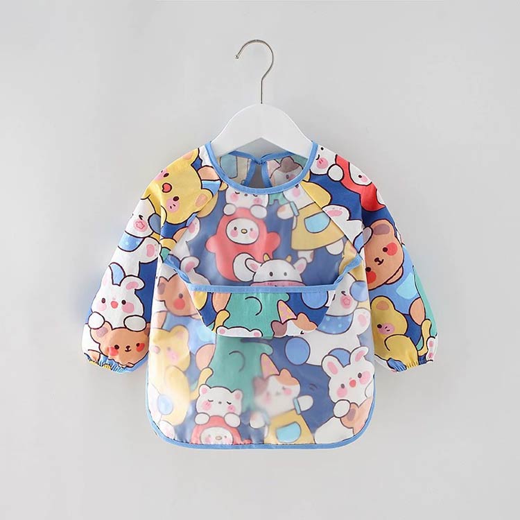 Linkage楽天市場店の胸ポケット お食事エプロン 袖付き/無し 無地 柄 スモック 耐水 撥水 防水 ポケット付き 食べこぼし 洗濯可 ベビー 子供 女の子 男の子90cm 100cm 110cm 120cm 丈夫 北欧 入園準備 丸洗い 送料無料｜アングル2