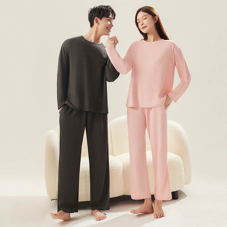 Linkage楽天市場店のルームウェア セットアップ メンズ レディース 春 カップル ペア ルームウェア ペアルック 春 上下セット ワッフル パジャマ 長袖 ロングパンツ 部屋着 ナイトウェア 寝巻き 無地 柔らかい ゆったり リラックス おしゃれ ペア 男性 女性 兼用 入学 卒業 お祝い プレゼント｜アングル3