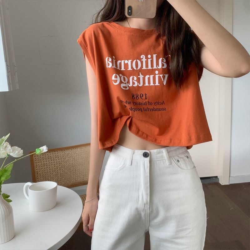 Rakuten - 送料無料 ノースリーブカットソー Tシャツ フレンチスリーブ タンクトップ クルーネック ショート丈 クロップド丈 夏 トップス カットソー