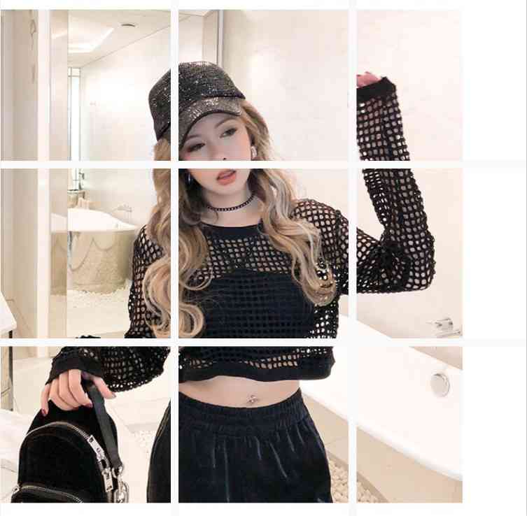 Rakuten - 送料無料 メッシュtシャツ ダンス衣装 ヒップホップ 網 トップス ショート丈 オーバーシルエット 長袖 シースルー カジュアル 夏 セクシー 肌みせ 編み ジャズダンス ダンスウェア