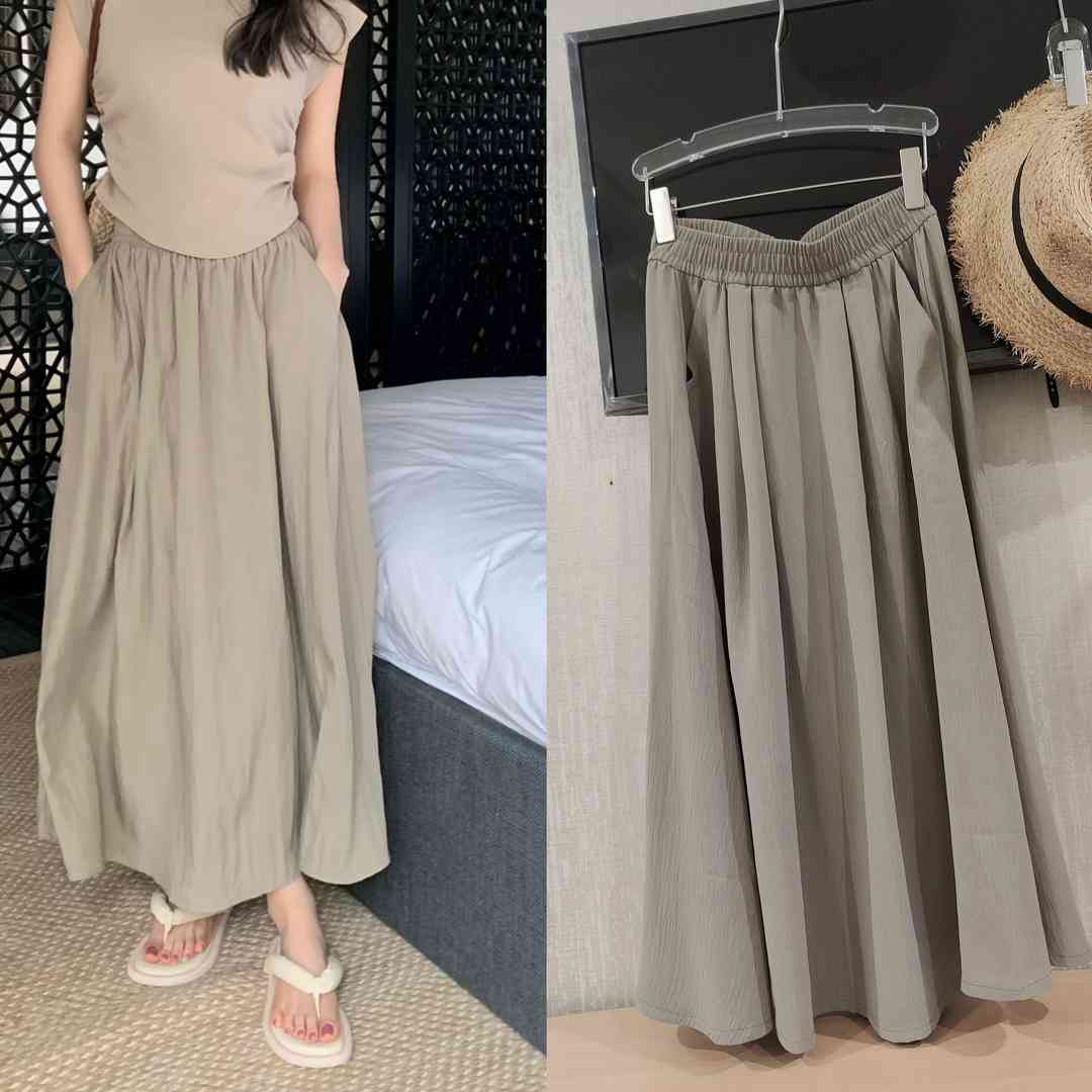 ロングスカート ギャザー フレアスカート ウエストゴム Aライン 夏物 ポケット付き レディース スカート ボトムス 無地 リラックス 着痩せ 通勤 通学 お洒落