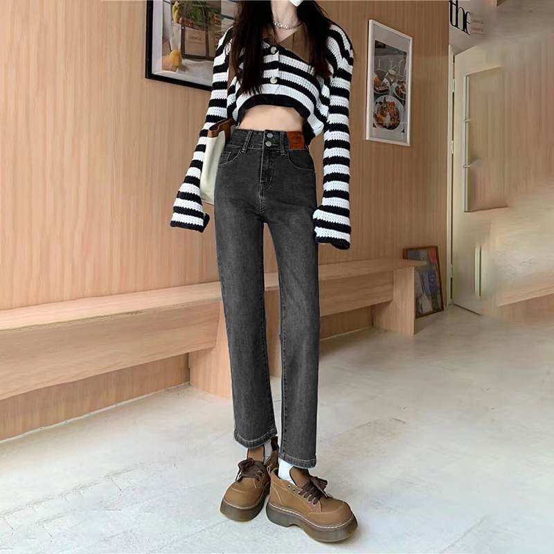 デニム ストレートパンツ 低身長 レディース ジーンズ ロップド丈 ズボン 九分丈 美脚 ボトムス カジュアル 韓国 おしゃれ