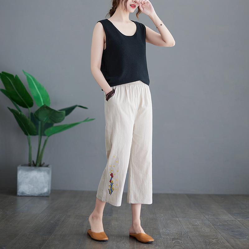 Rakuten - ワイドパンツ エスニック調 刺繍 綿麻 七分丈 ステテコ ルームウェア 部屋着 レディース 夏用 薄手 大きいサイズ 30代 40代 50代 60代