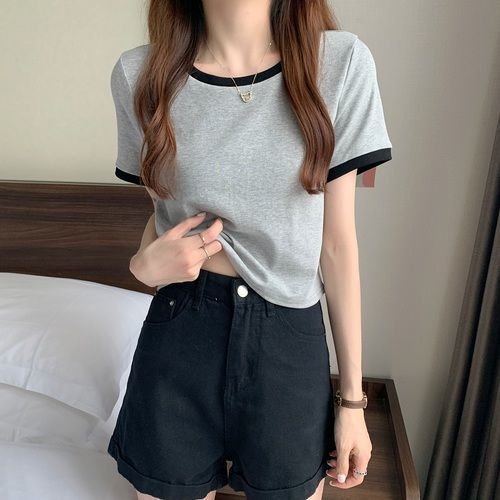 Rakuten - Tシャツ レデイーズ 半袖 クルーネック 配色 カットソー トップス ショート丈 インナーシャツ 夏 着回し きれいめ お洒落 かわいい