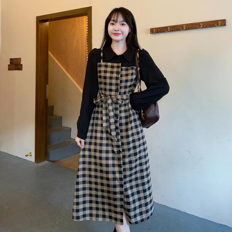 ひざ下 ワンピース 長袖ワンピース シャツワンピース シャツとジャンスカのドッキングワンピース チェック柄 ワンピース ロングワンピース ワンピース フレア 重ね着風 ミモレワンピース 秋服 春秋 linkage-10005874 Linkage楽天市場店 サンプル画像3