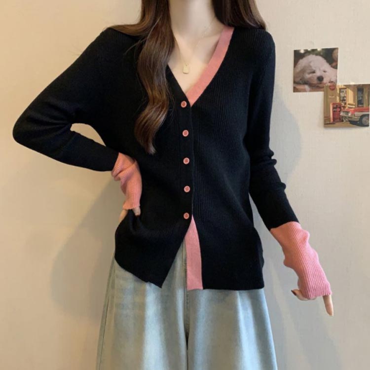 ニット カーディガン レディース 長袖 リブニット Vネック ニット セーター 前開き トップス プルオーバー アウター 配色 リブ編み 伸縮性 羽織り 防寒 無地 通勤 通学 春秋冬 送料無料
