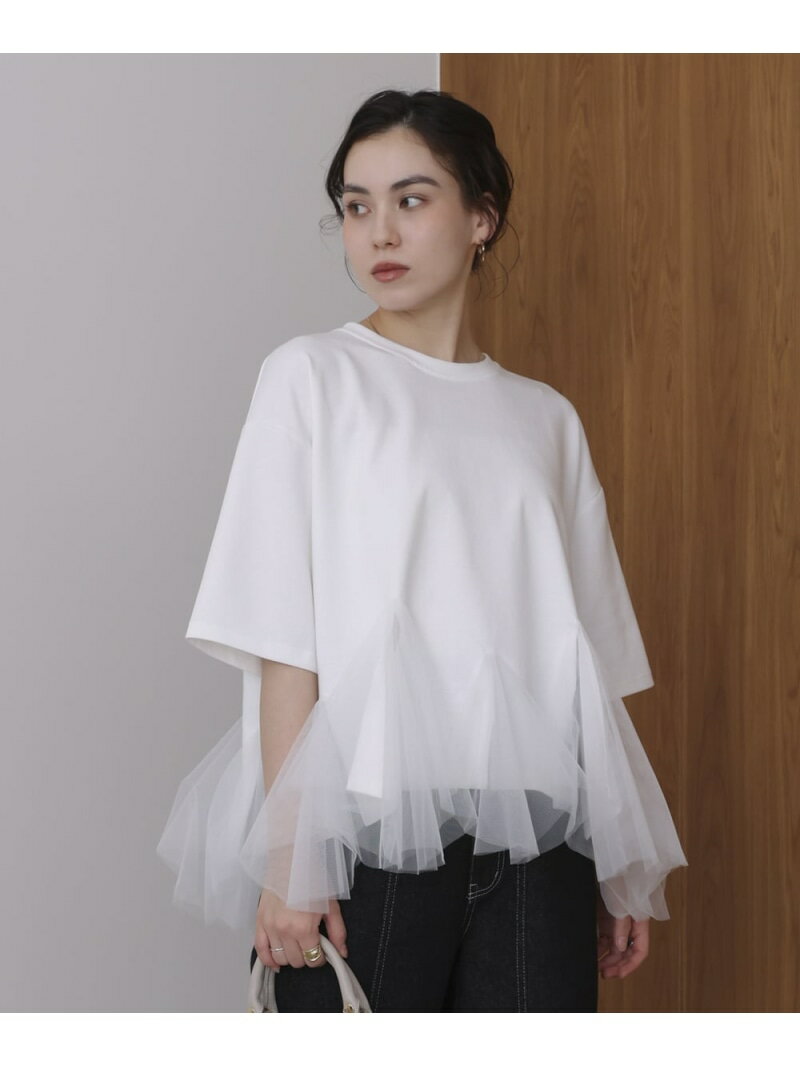 【SALE／45%OFF】裾チュール五分袖チュニック Bou Jeloud バブ / ブージュルード トップス スウェット・トレーナー ホワイト ブラック【RBA_E】[Rakuten Fashion]