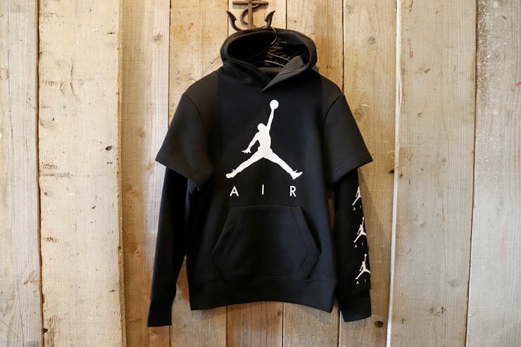 【ボーイズ】Nike Jordan Brand(ナイキ ジョーダン ブランド)レイヤード パーカー【 ジャンプマン ロゴ 袖プリント レイヤード スウェット パーカ フーディ 裏起毛 】