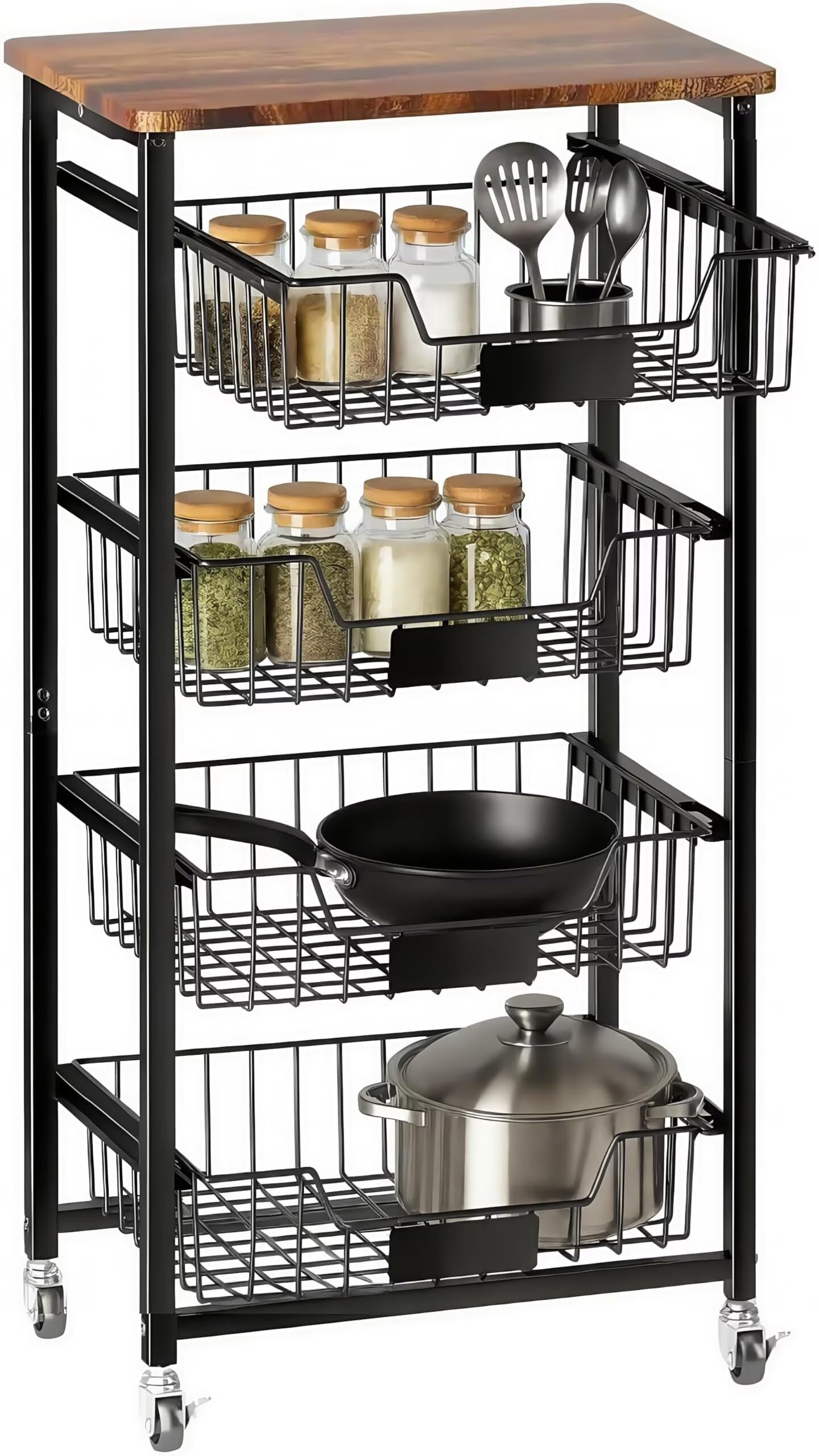 キッチンワゴン キッチンカート キャスター付き 大容量 4段 幅42×奥行31×高さ90.3cm 引き出し式のバス..