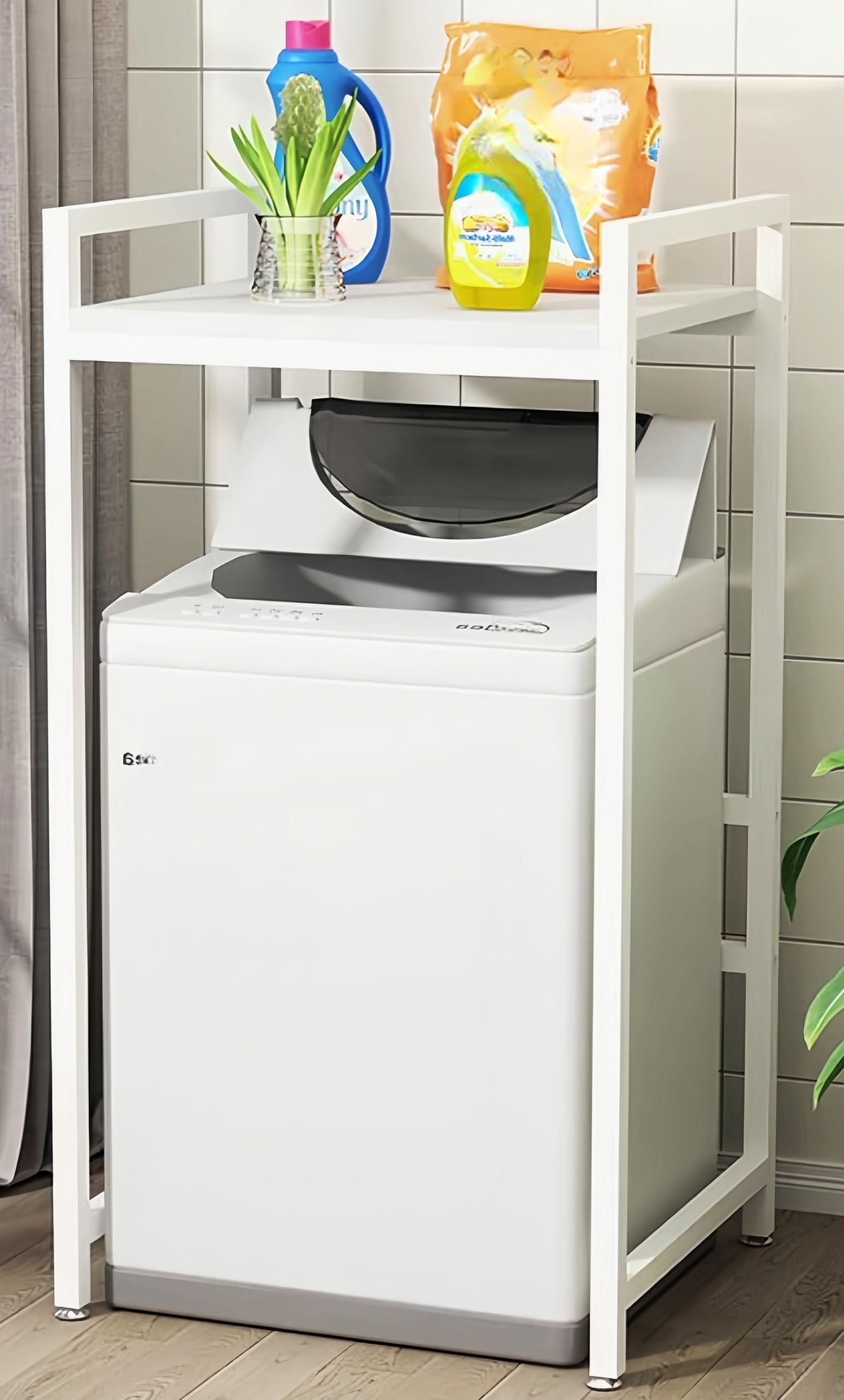洗濯機収納棚 縦型 1段 洗濯機ラック トイレ収納ラック 乾燥機の上の棚付き収納棚 調節可能な足付きの..