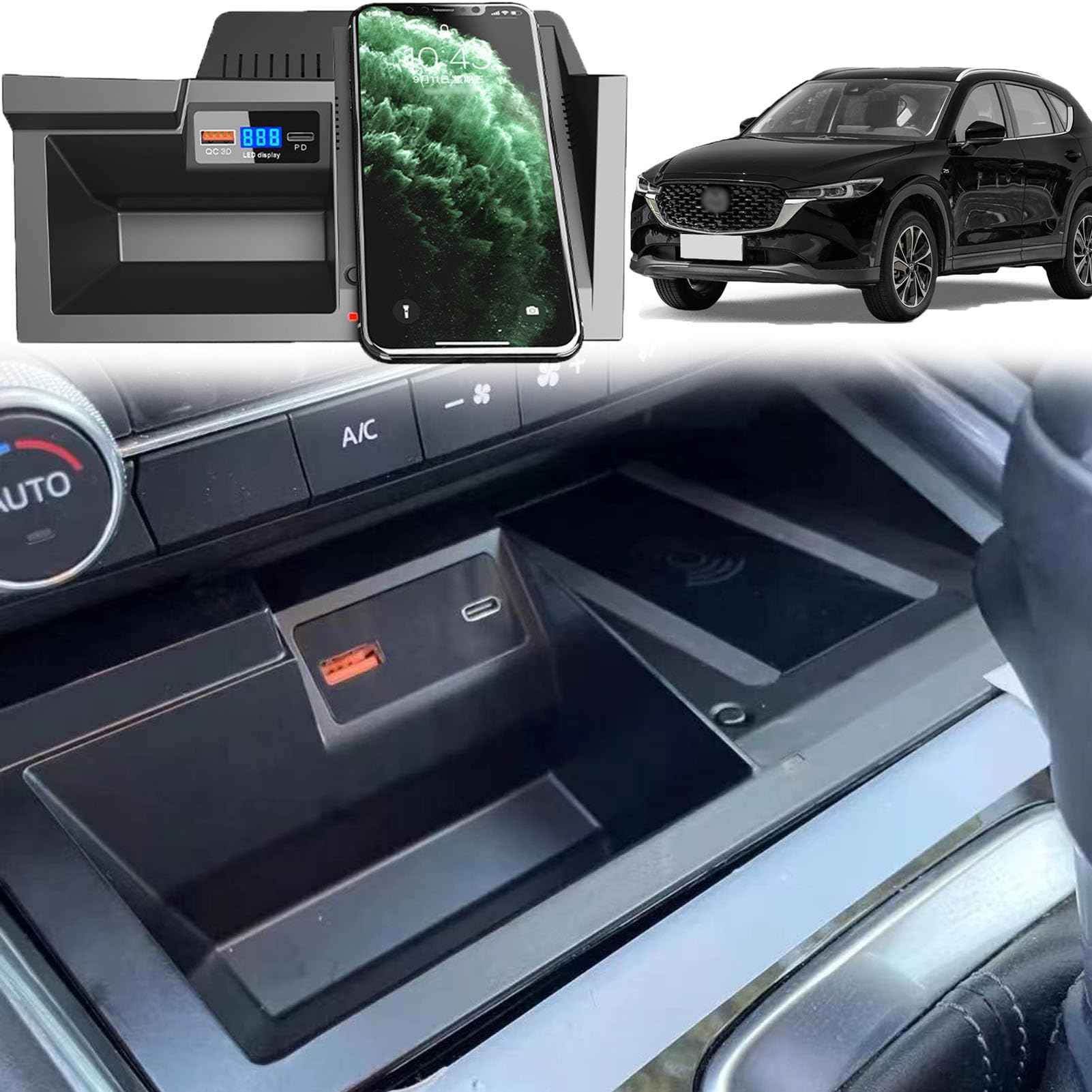 車載ワイヤレス充電器 マツダ CX-5 2017-2023 すべてのモデルのための 15w 無線電信および Usb Qc3.0+Pd の速い充満の 中央コンソールのアクセサリー パネル