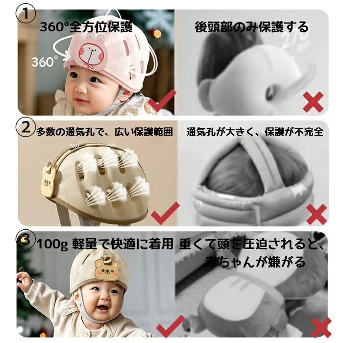 Linnellのベビーヘルメット 赤ちゃん ヘッドガード ごっつん防止 転倒防止 頭部保護 ベビー クッションヘルメット 360度 衝撃吸収 軽量 約100g 通気 メッシュ サイズ調整 あたまガード セーフティー 出産祝い 0〜2歳｜アングル2