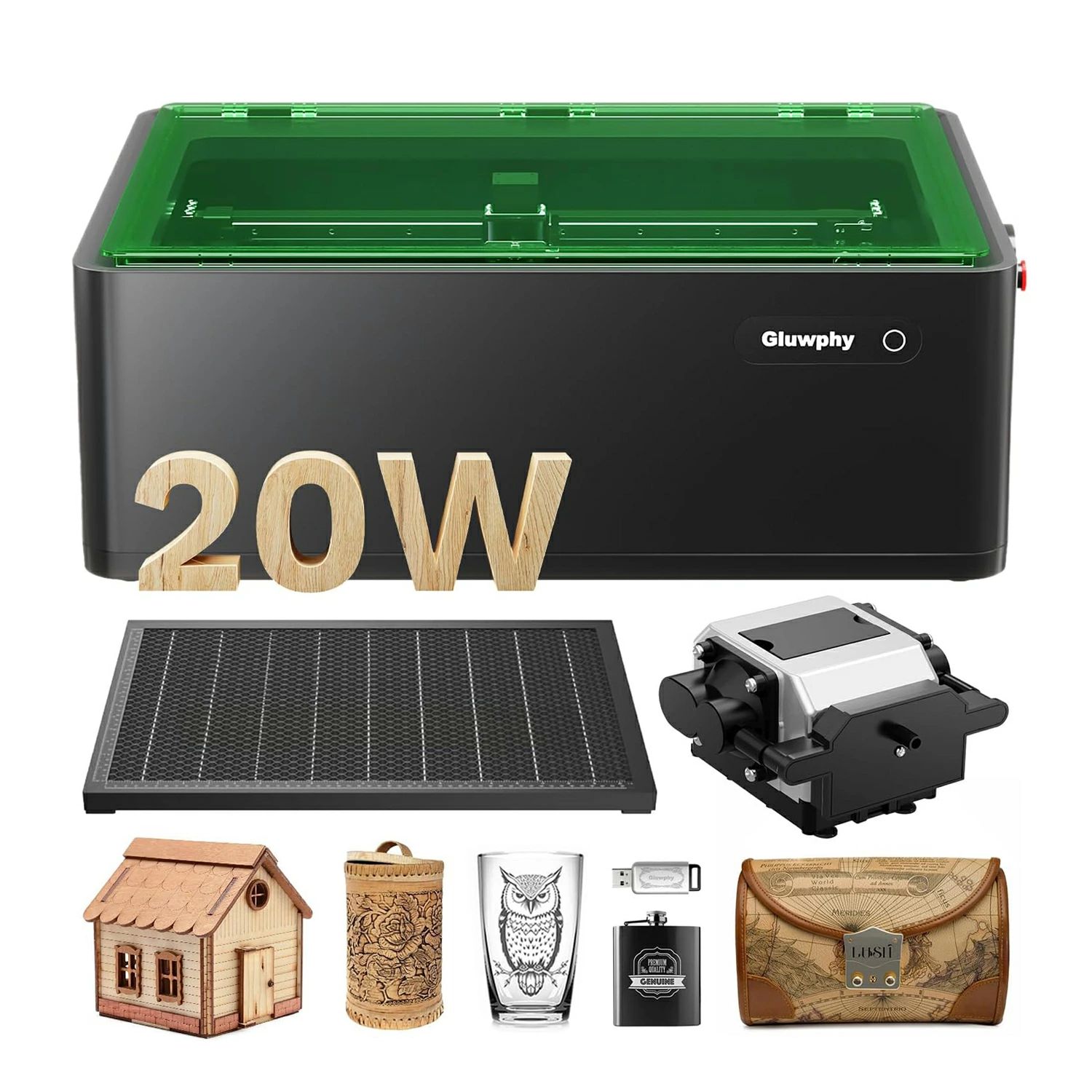 商品紹介 商品名レーザー彫刻機 カラーブラック サイズ760*590*330mm重さ：約 19 kg 商品説明【ダイオード2倍速】レーザー彫刻機は、レーザー彫刻とレーザー切断を1つに組み合わせたレーザー彫刻機。8mmのアクリル厚さの木材を切断します。スポットサイズはわずか0.06 x 0.04 mmで、移動精度は0.01 mm、400 mm/秒です。優れた作品、ワンショットの彫刻成功、廃棄物ゼロ。 【正確なオートフォーカス】Gluwphy彫刻機には、正確なオートフォーカス機能があります。指輪やジュエリーなどの小さなアイテムを細かく扱うことができます。手動で集中する必要はありません。あなたの時間の90%を節約します。初心者には大変便利です。 【エアシストシステム】Gluwphy AIMレーザー彫刻・切断機インテリジェントなエアシストを搭載しています。エアフローは30リットル/分まで供給し、彫刻物の表面が黄色くなるのを防止します。 【クラス1レーザー安全レベル】同封レーザー彫刻機はクラス1レーザー裝置の安全要件を満たしています。5000 RPMの強力なターボファンをアップグレードすることで、箱から埃や破片を取り除くことができます。HEPAフィルターはあなたとあなたの家族の健康を守ります。デュアル炎検知により死角のない検知が可能で、緊急停止ボタンにより彫刻プロセスを安全かつ確実に行うことができます。 【サイドライト出力特許】サイドライト出力技術。高価な基盤を買う必要はありません。レンズユニットの自己回転を可能にします。アクセサリースペースと設置時間の60%を節約します。頻繁な手動介入による損傷のリスクを低減します。 【さまざまな材料に適しています】レーザー彫刻機は、完璧なギフトを作る機械ですbirthday/wedding/pet/decorating.それは木、アクリル、クッキー、宝石、金属名刺、等を含む作業することができます。LightBurnソフトウェアと互換性があります。 【出力によって最適な用途が異なります】5Wは入門者向け、家庭用クラフトに最適；10Wはスタンダードタイプで、彫刻とカットのバランスが抜群；20Wはハイパワータイプで、厚物素材も楽々加工できます。自分のニーズに合わせて選ぶことができます。5Wの入門楽しみから、20Wの高機能加工まで、自分の用途に合った出力を選んで、創作の世界を広げてみてください,ご購入を心よりお待ちしております。 注意事項写真は実物と同じように撮影されます。撮影中の光とモニターの解像度が異なるため、多少の色の違いは品質上の問題ではございませんので、予めご了承ください。 製品の仕様は品質の向上・改善のため、予告なく変更される場合が御座います。 当店ではラッピングのサービスを行っておりません、ご了承ください。 ※手動測定による1~2cmの誤差を許容してください。ご理解いただきありがとうございます ※取り扱い上のご注意をよくお読みの上ご使用下さい。