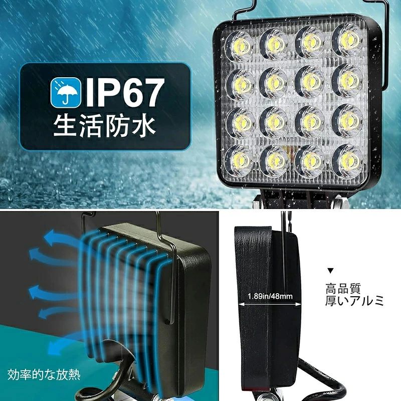 LEDコードレス作業灯 投光器 充電式ワークライト LED 充電式 コードレス作業灯マキタ互換18Vバッテリー 手提げ付 スマホ充電 USB充電 Type-C充電 超高輝 携帯型 工事現場/非常用照明/屋外作業/キャンプ/登山/夜釣り/防災/停電に最適 軽量 linnell-10014812 Linnell サンプル画像3