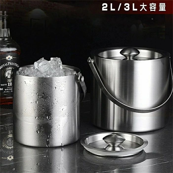 商品名】 保冷力に優れたワインクーラーです。 【デザイン】中空二重壁の設計なので、内部の氷が凍結滞在するのに役立ちます。 持ち運びに便利です。 【多用途】日常生活、バー、カフェ、ホテル、レストラン、パーティー、海辺、ビュッフェに適用します。 本製品はシャンポン、ワイン、ビール、果物等なんでも入れる多用途なアイスペールです。 アイスバケツ 断熱 蓋付き クォート パーティーやバー用 ステンレススチール 二重壁 機能：氷が溶けにくく、外側の結露も起こりません。 3Lも氷を入れられてホコリも入りにくいので、アウトドアに持っていくのに大変重宝します。