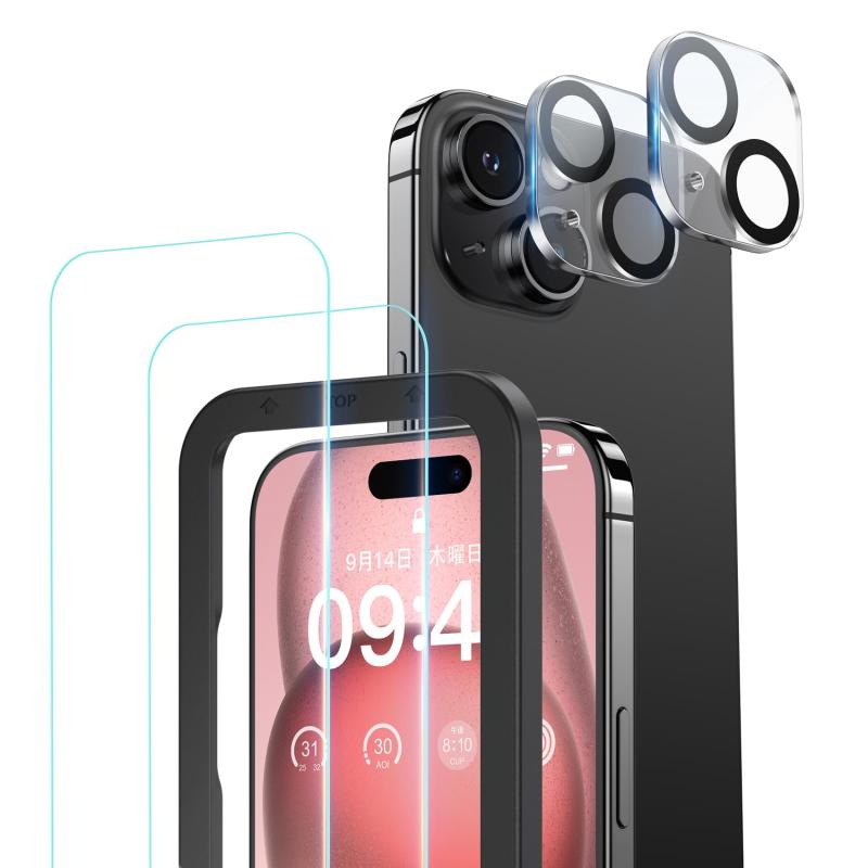 乐天商城 - ガラスフィルム (2枚) + カメラフィルム (2枚) iPhone15用 強化ガラス 保護フィルム ガイド枠付き カメラ保護 レンズカバー 硬度9H 耐衝撃 自動吸着 アイフォン15対応（6.1インチ） NFP23H713