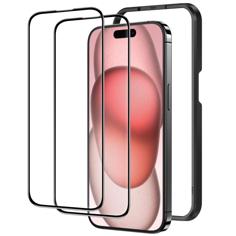 Rakuten - ガラスフィルム iPhone 15用 強化ガラス 黒縁あり 全面保護フィルム ガイド枠付き 指紋防止 高透過率 衝撃吸収 2枚セット アイフォン15（6.1インチ）対応 NSP23H703