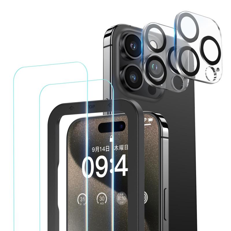 ガラスフィルム (2枚) + カメラフィルム (2枚) iPhone15Pro用 強化ガラス 保護フィルム ガイド枠付き「対応機種」iPhone 15Pro専用保護フィルム。「4枚組み合わせセット」フィルム製品で大人気のから、液晶保護フィルムとレンズ保護フィルムの組み合わせが登場しましたガラスフィルムとカメラフィルムがそれぞれ二枚ずつ入っています貼り付け時のず れの心配もこの組み合わせセットで大事なアイフォンのスクリーンとレンズを徹底的に守ります。「米軍規格・傷や衝撃に強い」米軍規格「MIL-STD-810H」に準拠（認証番号：SZXEC23002005001）。9H表面硬度ガラスを採用しています。スマートフォンがカバンの中で、鍵などの鋭いものにぶつかっても傷が付きにくく、画面をしっかり保護します。飛散防止加工により、万一割れてもガラス破片が飛び散ることなく安心です。「薄型ガラス・高透過率」厚みは約0.3mmあり、日常生活で避けられ擦り傷や衝撃からレンズを守ります。高い透過率のため、液晶画面を守りながらスクリーン本来の美しい画質も損ません。また、レンズフィルムは黒縁仕上げでカメラの自動露出機能に干渉せず、明るい被写体でも暗い被写体でも適正な明るさで写真を撮ることができます。「貼付簡単・ケースと干渉し」専用の貼り付けガイド枠が同梱されています。ガイド枠を利用することで、スマホ本体とフィルムがズレることなく、だれでも簡単にフィルムを貼ることが可能です。また、フィルム自体のシリコン自己吸着層により、位置を合わせて上から軽く置くだけで気泡が入ることなく簡単に装着できます。本体の縁まで適度なスペースを残すデザインとなっており、フィルムの剥がれや浮き上がりを防止します。ほとんどのケースと干渉し設計となっておりますが、のスマホケースと併用するのがおすすめです。