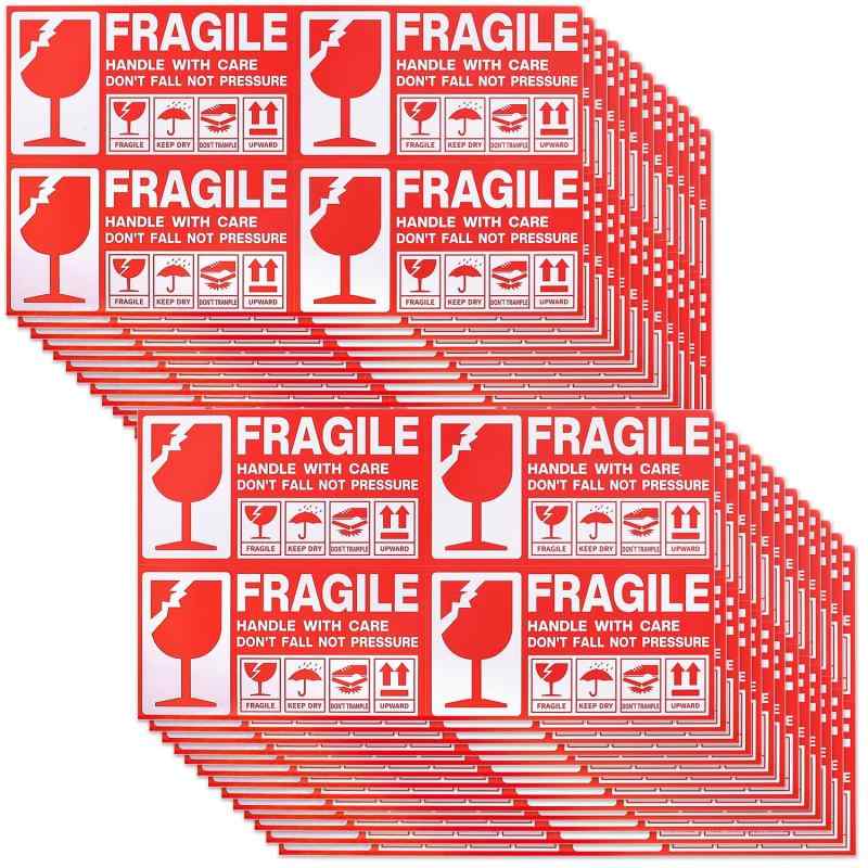 Rakuten - 荷札シール 取扱注意シール 13x7cm 100枚 ワレモノシール 壊れ物注意 標識 梱包ラベル 防水
