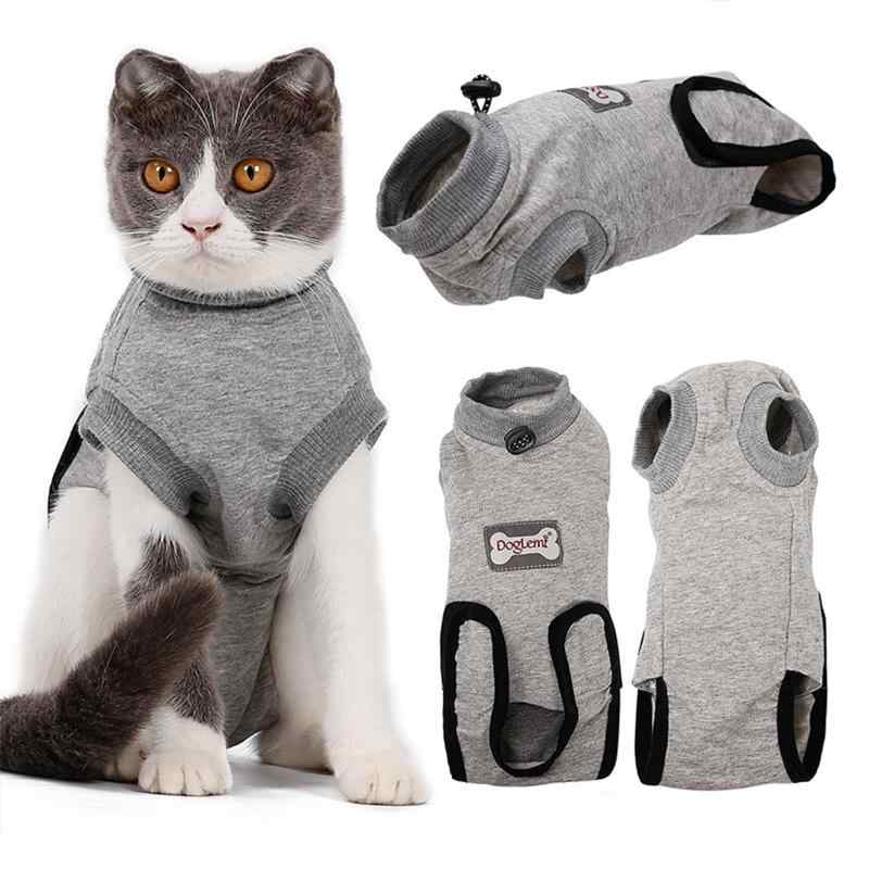 Pet Goods - 猫 術後服 100%綿素材 快適 猫介護服 舐め防止 引っ掻き防止 避妊 去勢などに適用 雄 雌兼用 グレー