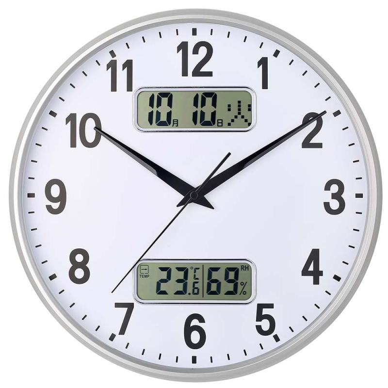 掛け時計 電波時計 アナログ ダブルポスト 静音 連続秒針 温度 湿度 日付 曜日表示 自宅 寝室 部屋飾り 贈り物 インテリア 大数字 見やすい