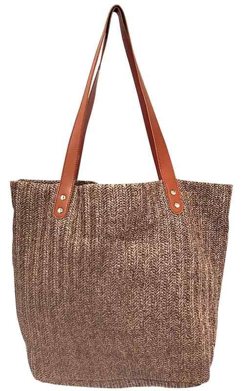 編み トートバッグ 天然素材風 おしゃれ フェイクレザーハンドル きれいめコーデ 大人カジュアル 大容量 マチ広13cm
