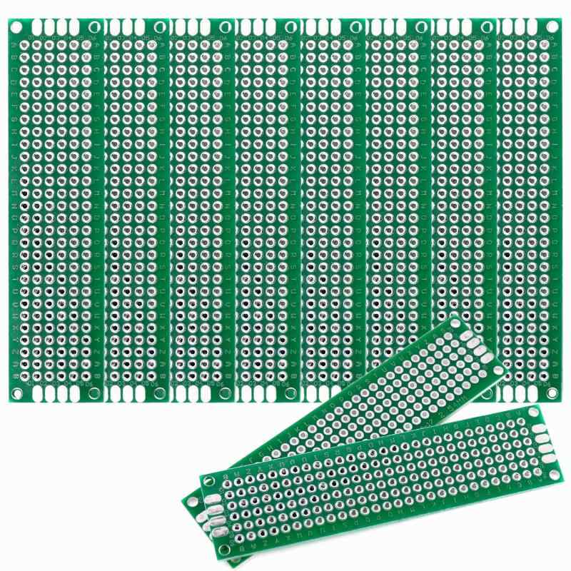 ユニバーサル基板 基盤 2サイズから選択可能 10個セット 2x8CM 20個セット 2x8/3x7/4x6/5x7CM 各5個ずつ 両面スズメッキ 電子工作用 実験プレート DIYはんだ付け 電子回路基板 2.54mmピッチ フリー基板🔧製品仕様色：グリーン、厚さ：1.6mm、両面スズメッキ加工、ピッチ2.54mm 仕様：10枚パック（2x8cm x 10枚）、20枚パック（2x8/3x7/4x6/5x7cm 各5枚）、基材：FR-4ガラス繊維。🛡️工業グレード 耐久性ハイスペックなグラスファイバー基材を採用し、優れた耐高温特性と機械的強度を持ち、耐久性に優れ、繰り返しの溶接ニーズにも対応できます。⚡すぐに使えるデザイン すべてのスルーホールはあらかじめ錫メッキされており、追加のクリーニングは必要。ユニークな45°面取りエッジデザインにより、指を傷つけず、学生実験に安全です。🌐フルシナリオ対応スマートホームモジュールの改造、産業用制御ボードの修理、教育実験の使用など、あらゆる種類の電子プロジェクト開発に適応します。📚学習フレンドリー 特に電子工学の初心者や教育用に適しており、標準的な2.54mmピッチ設計で、一般的な電子部品と完璧にマッチし、様々な基本的な回路実験を簡単に完成できます。