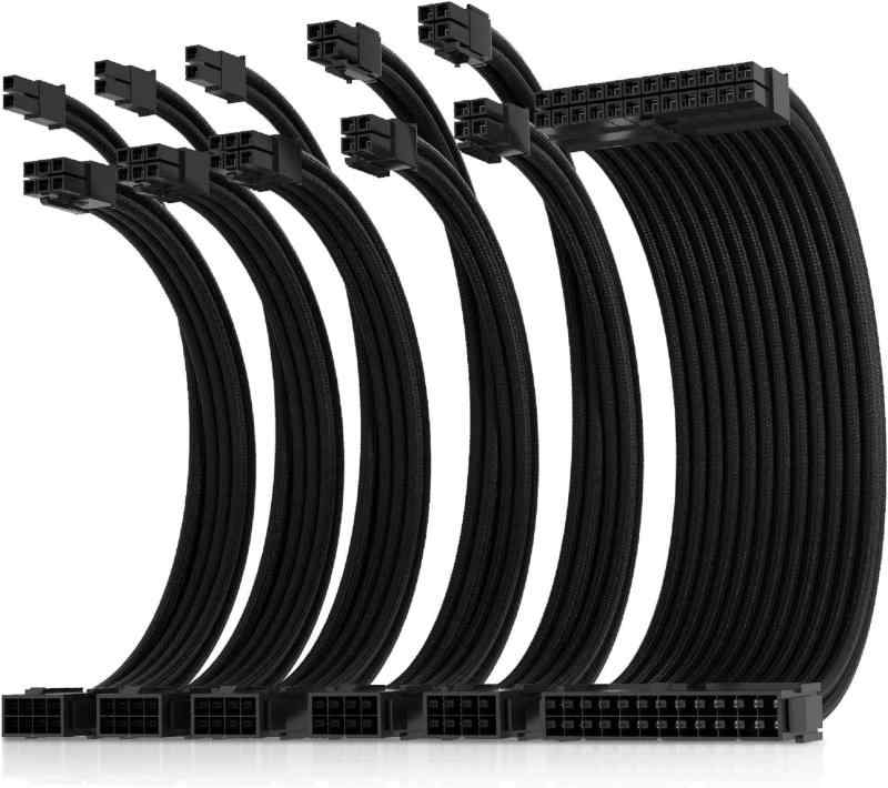 PC電源延長スリーブケーブル [16AWG高性能銅コア] 6本 & 30CM 3本の8ピンGPU、2本の8ピンCPU、1本の24ピンATX。柔軟で管理が容易。1000WのPSUに対応、GPU RTX 4060/30/20/16シリーズと互換性あ