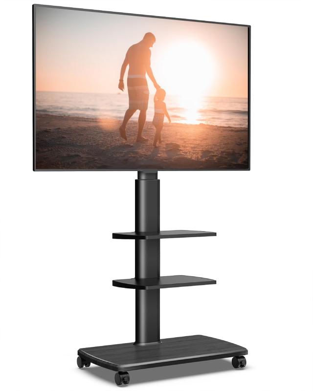 テレビスタンド 32～65型対応 キャスター付き 高さ角度調節可能 移動式 木目調 耐震 中段棚二枚付 棚板無階段調節