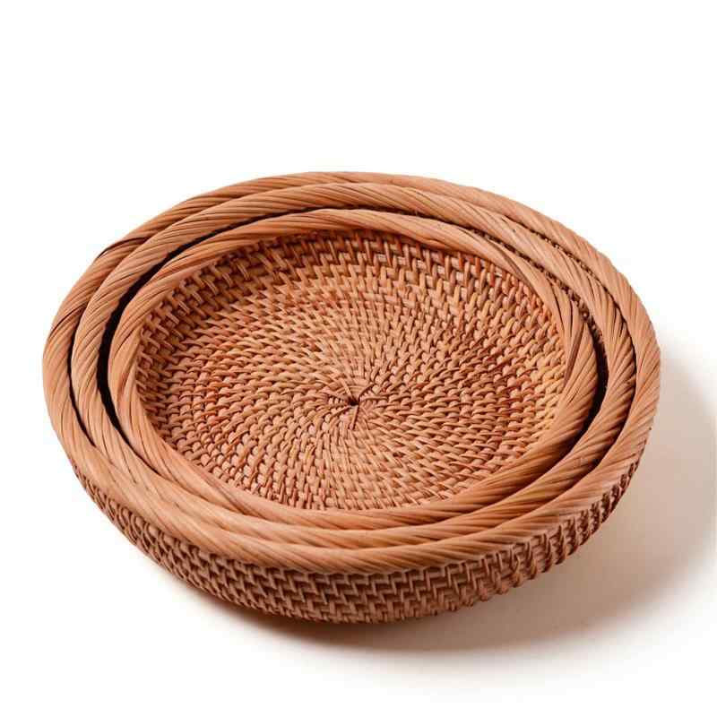 ラタンバスケット かご 藤製 天然素材 丸い 浅いトレー 深型 軽量ハコ 耐久 野菜 パン入り 和風バッケ20cm 23cm 25cm 27cm