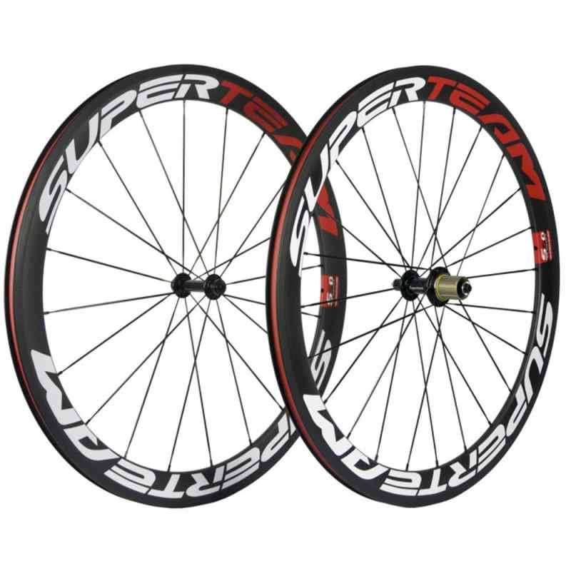 SUPERTEAM 50mm クリンチャ ーホイールセット700c 23mm ロードバイク カーボン ホイール (ホワイト/レッド)