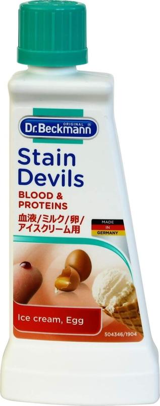 ドクターベックマン 原因別シミとり剤 血液/ミルク/アイスクリーム/卵用 去年のシミも落とすスゴ腕 ステインデビルス 50ml生産国ドイツ成分界面活性剤(1%C10-12 アルコールエトキシレートプロポキシレート)水、溶剤、アルカリ剤、酵素、保存料商品特徴<落とせるシミ>血液、精液、グリース、乳製品(ミルク、チーズ、ヨーグルト、アイスクリーム、生クリーム、練乳)、卵、卵料理、カスタ—ド、でんぷん <使え素材>:和服、皮革製品(スウェードを含む)、アセテート、レーヨン、水で色落ちするもの、水で輪ジミになるもの用途一年前の頑固ジミにも効く、色落ちし水洗い可能な衣類(綿・麻・ポリエステルなど)のシミとり使用方法1. 底の浅い容器(皿など)にシミの部分をのせ、上から本液をたっぷりかけて5~10分浸す。その後は通りに洗濯する。2. 頑固なシミの場合は、数時間浸してから通りに洗濯をする。落ち場合は工程を繰り返す。汚れの種類や状態(乾燥機にかけた、別の処理を施したなど)によっては落とせ場合があります。海外製品のため予告なくパッケージが変更される場合がございます。