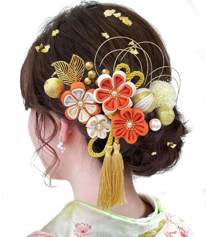 乐天商城 - [] 髪飾り11点セット つまみ細工 和服 人気 ヘアアクセサリー 振袖 袴 着物 花 金箔 七五三 卒業式 成人式 浴衣 結婚式 6カラー 入学式 花火大会 オレンジ H7110