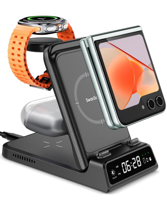 Galaxy Watch専用Samsung Z Flip対応 3in1 ワイヤレス充電器、Galaxy Watch 8/FE/Ultra/7/6/5/4＆Galaxy Z Flip 7/6/5/4/3シリーズ&amp;Galaxy Buds適用、折り畳み