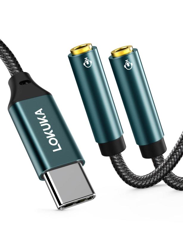 Rakuten - usb c イヤホンジャック 二股 4極 分岐 アダプター「グリーン・グレー」