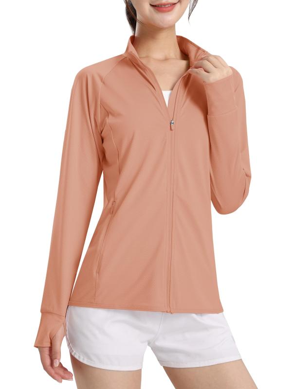 Rakuten - [] tシャツ レディース 日焼け止め スポーツス UVカット 50+ 速乾 トレーナー ジップアップ スタンドカラー 無地 指穴付き 春 夏 秋