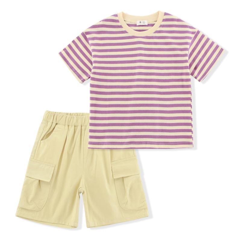 乐天商城 - [] 子供服 男の子 半袖tシャツ ショートパンツ 短パン 女の子 綿 上下セットアップ 夏服 キッズ ストライプス 男女兼用 上着 カジュアル クールネック 普段着 ボーダー 90-140